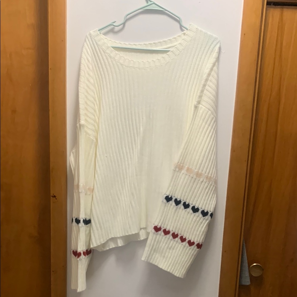 Cream Knit Sweater with Heart Accents